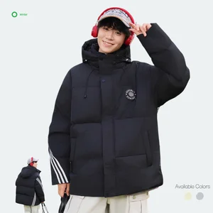 Custom Men's Winter Thick White 90% Polyester Waterproof Windproof Puffer Jacket Loose Fit 150g-200g Regular Sleeve Hood Zipper