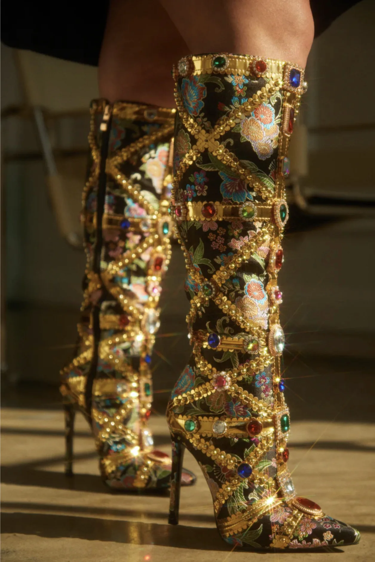 2023 Winter Color Diamond Women High Heel Wide Shaft Ladies Rhinestones Knee High Boots - Image 3