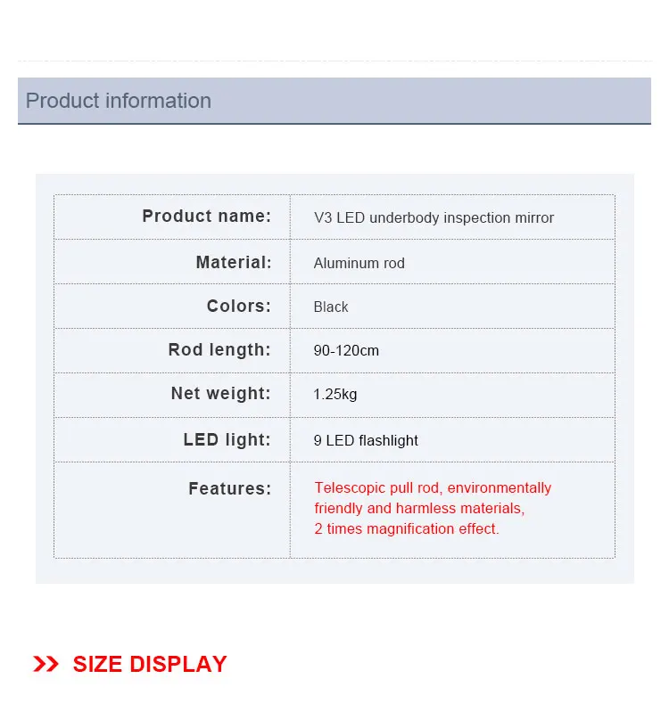 30cm V3 LED Under Vehicle Inspection Mirror High Effective Search Convex Mirror for Car