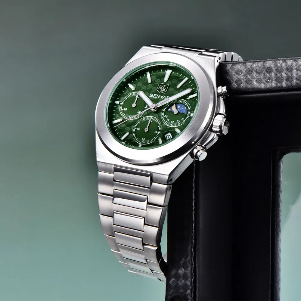 BENYAR 5220 Classic Business Watch Quartz Stainless Steel Waterproof Watch Multi Functional Moon Phase Dial Watches for Man