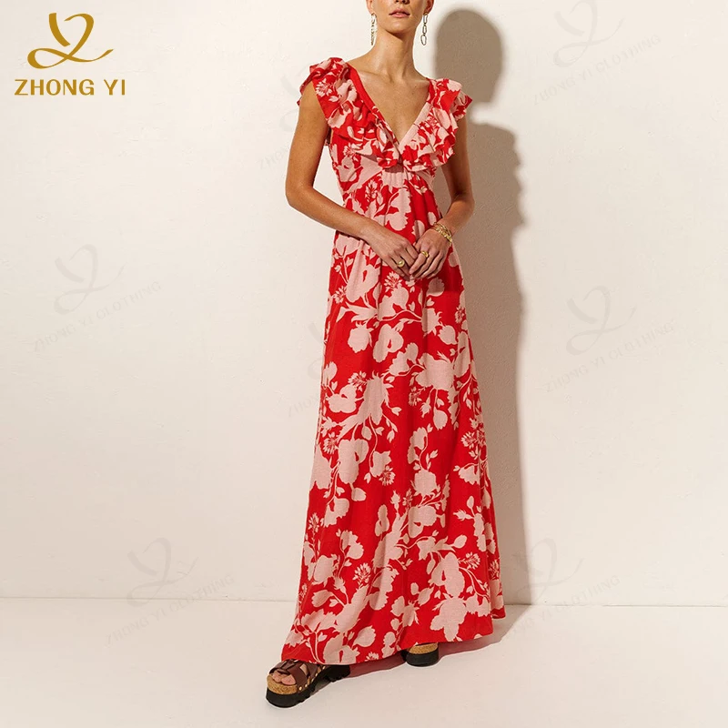 2023 Design Women Chiffon Holiday Beach Dress Long Sleeve Deep V-Neck Sex Irregular Rainbow Ruffles Ladies Dresses Maxi