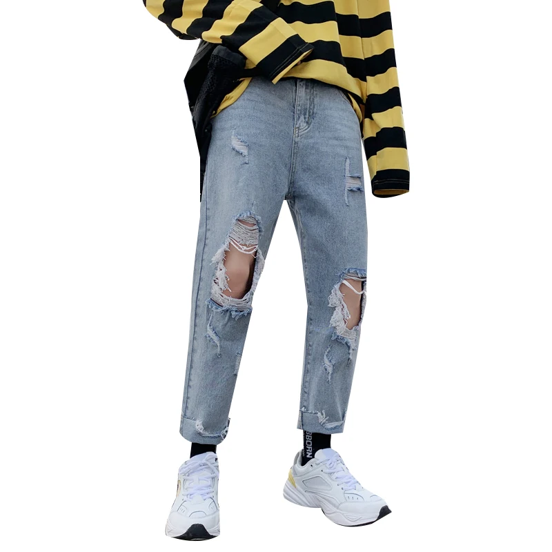 Streetwear Jeans Men's Skinny Torn Pleated Knee-Length Patch Beggar Paint  White Dot Jeans Stretch Pencil Pants