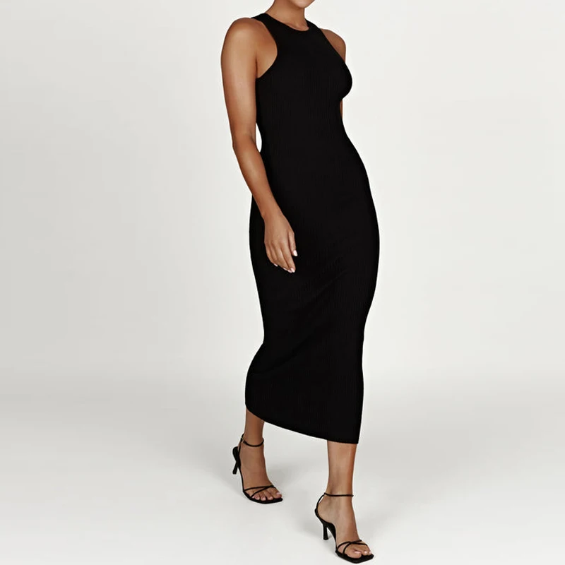 Custom High Quality Casual Sleeveless Midi Long Knit Ribbed Bodycon Dress Cotton Tank Top Black