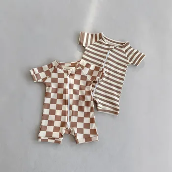 2025 Summer New Style Exclusive Plaid Short Romper for Boys Girls Casual Outfit 100% Cotton Button Jumpsuit