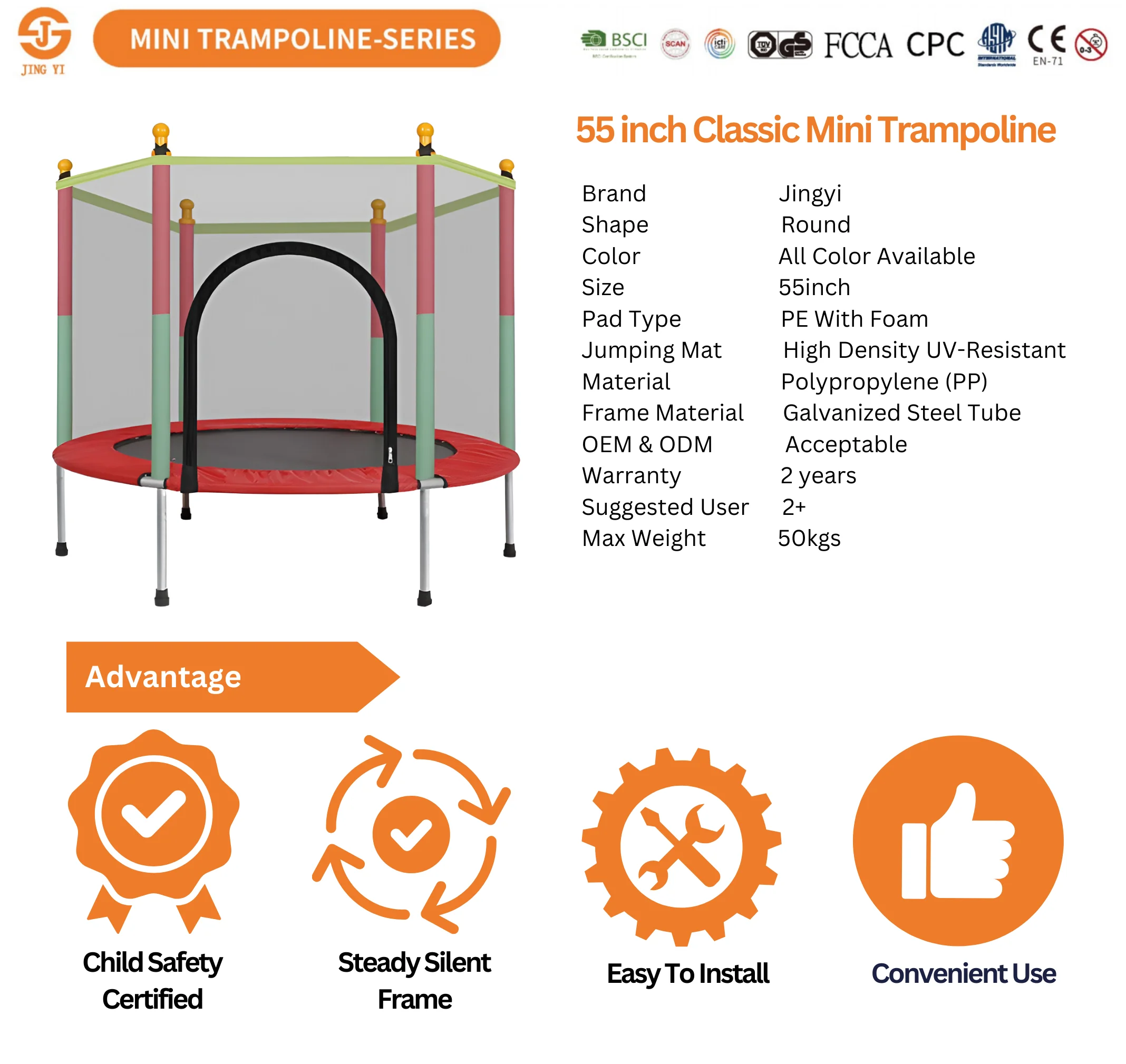 55-Inch Unisex Indoor/Outdoor Fitness Trampoline for Children Mini Round Spring Kids Trampoline with PVC & Steel for Home Use