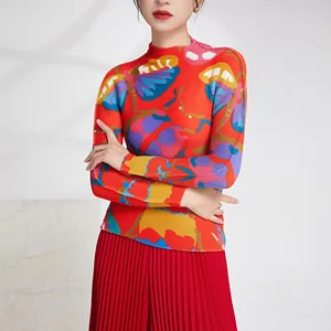 AliExpress Hot Selling Pleated Craft Top Women Fashion Printed Blouse Elastic Long Sleeve T-Shirt