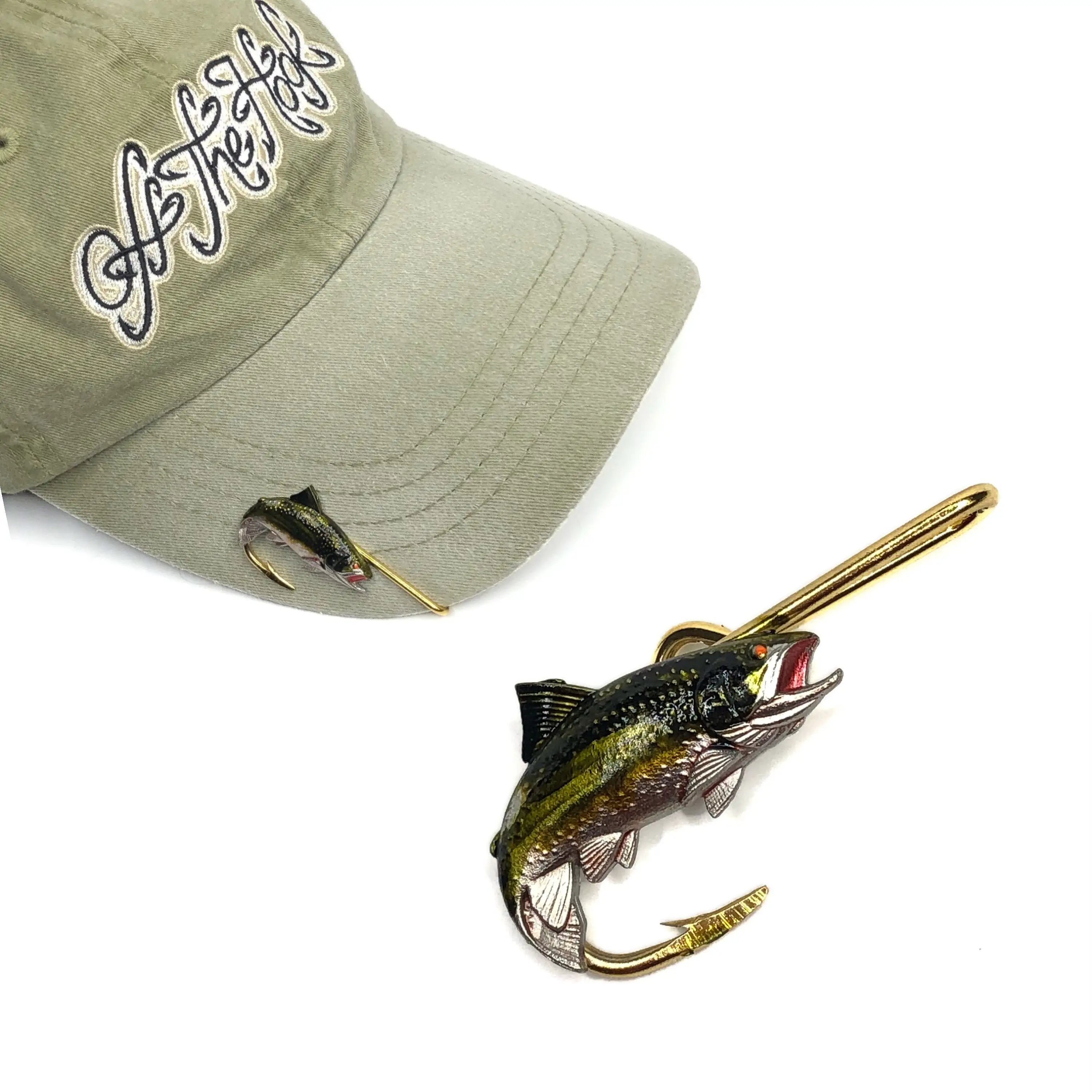 Gold finish fish hook hat cap bill tie clasp money anglers clip fishing AC-1 