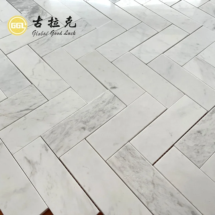 Volakas White Marble Herringbone Marble Mosaic For Bathroom Floor Tiles