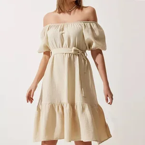 Modest Style Short Sleeve Tiered Hem Mini Dress With Solid Off Shoulder Belted Casual Fit Women's Dresses