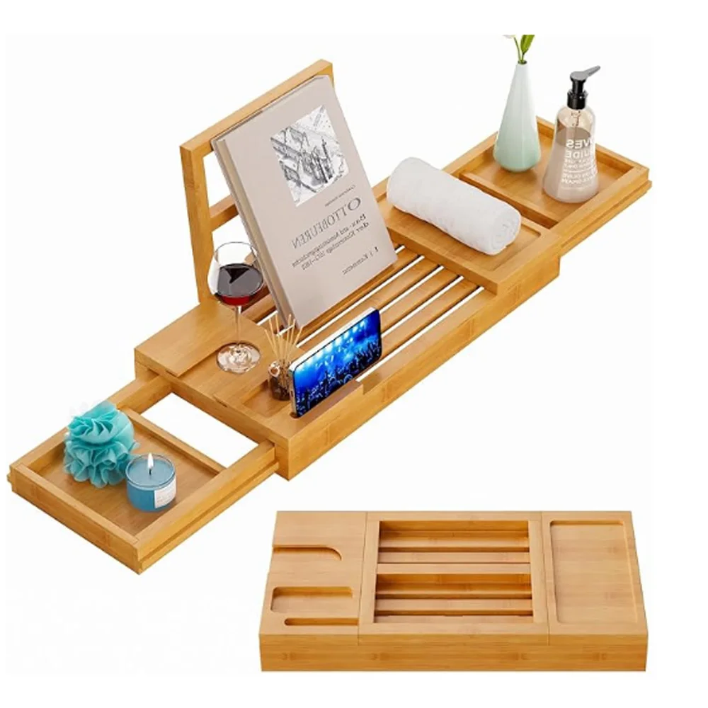 Bamboo Expandable Bathtub Tray for Home Spa Treatment Bathroom Rack Set