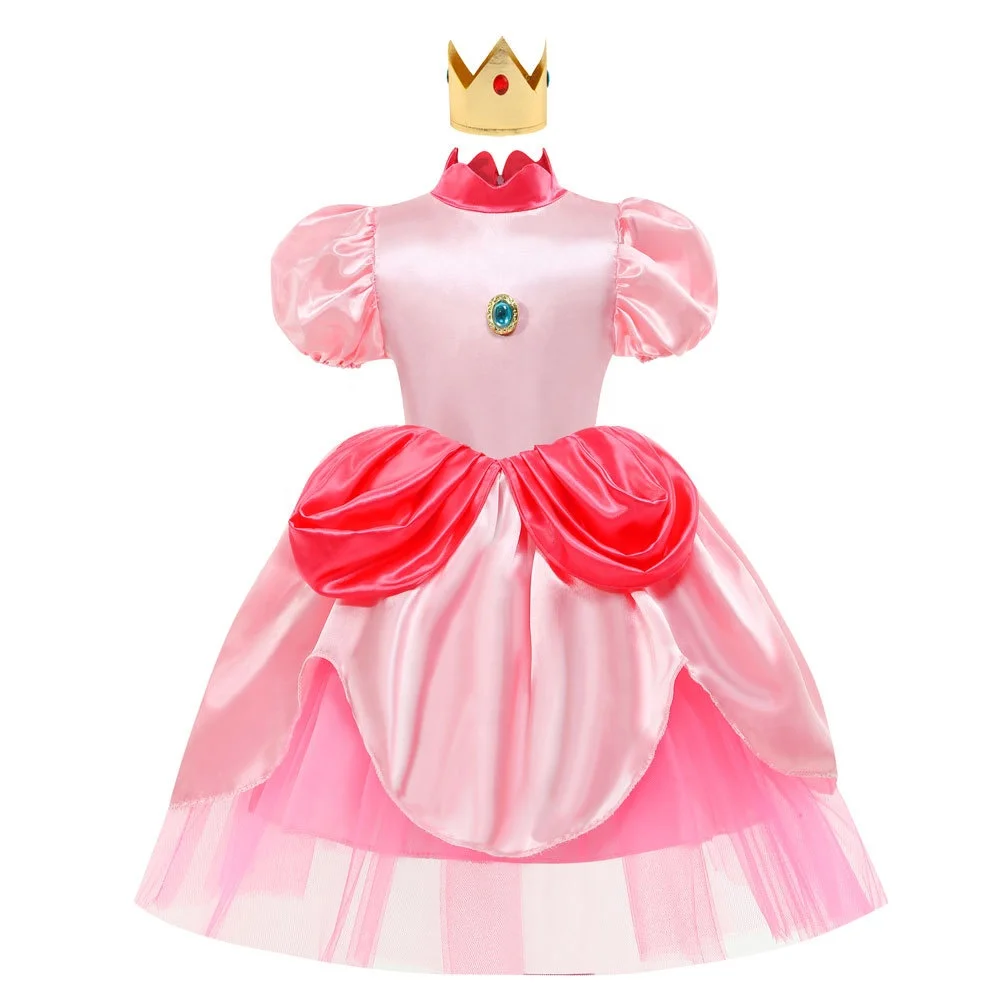 Princess Peach Costume Dress for Girls Birthday Party Outfit Gift Kids  Halloween Party Dress up with Crown