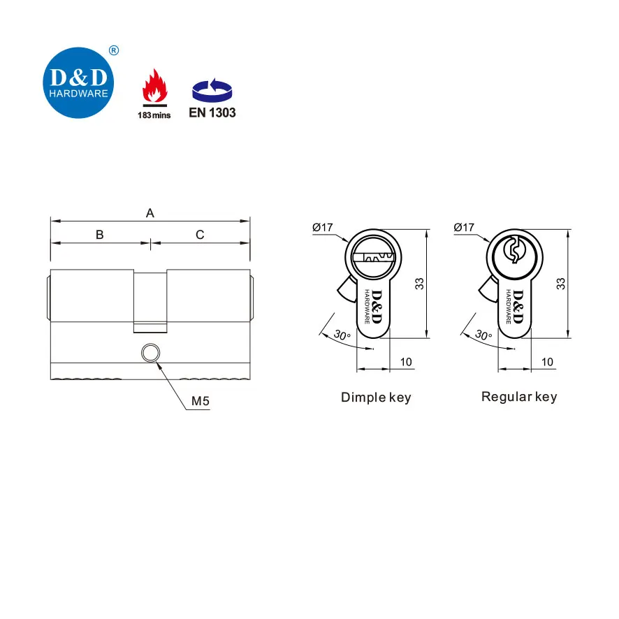 EN 1303 Solid Brass 6 Pins Standard PVD Stain Finish Double Cylinder Lock for Building Door