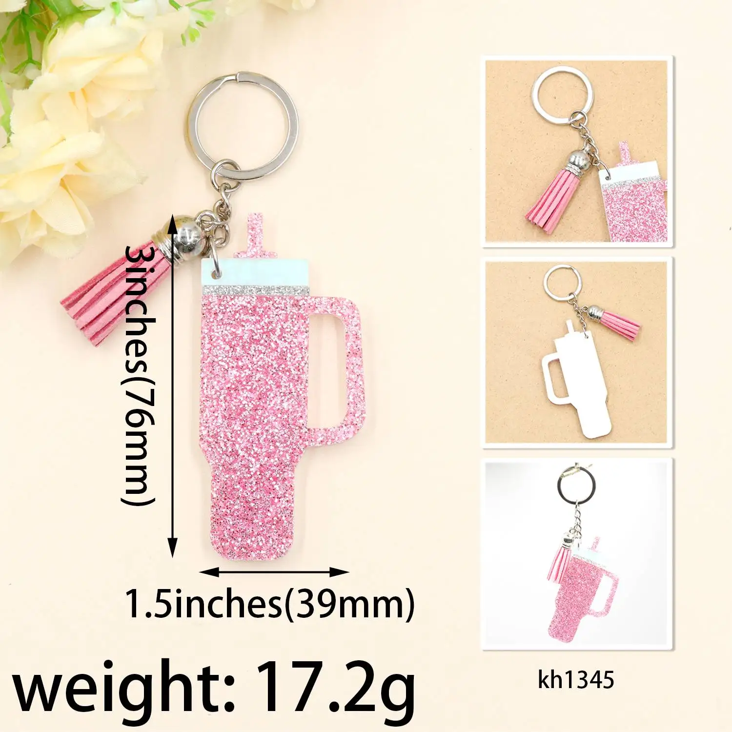 KH1345 Handmade Girl's Pink Shiny Acrylic Tumbling Cup Keychain with Long Chain UV Printed Gift Keychain factory