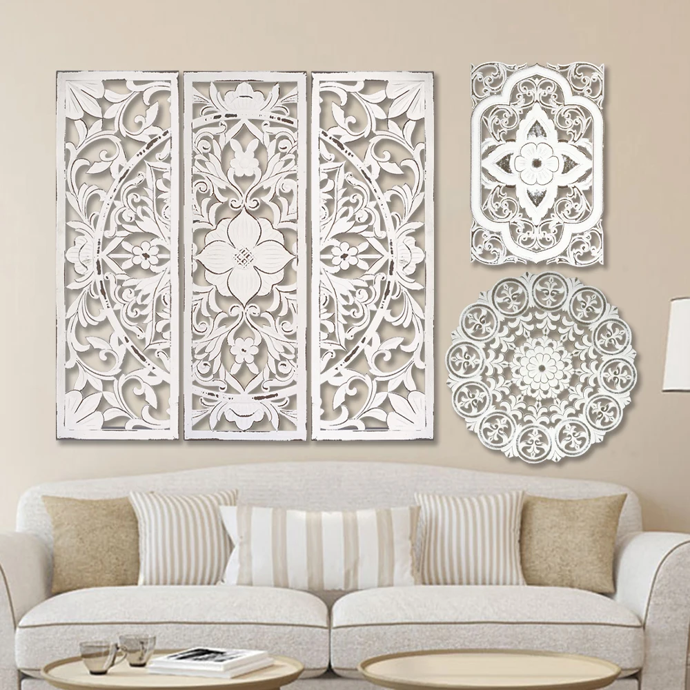 Jinyi Handmade Wooden Wall Decor Panel Frames Antique White Wood Carved