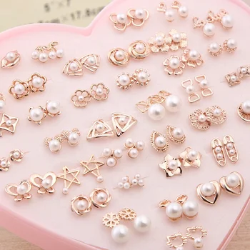 PUSHI Hot sale fashion 18 k gold plating small stud earrings set heart box mixed batch 36 pieces pearl earrings women