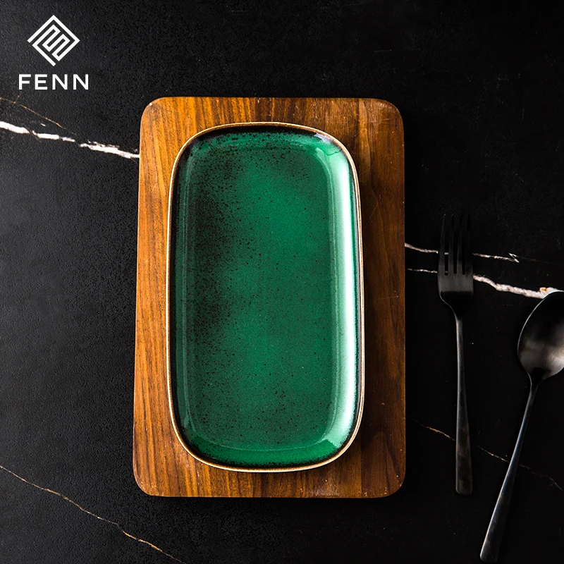 FENN OEM/ODM Vintage Reactive Green Glaze Sushi Catering Dinner Rectangle Plates Ceramic Platter Wholesale Serving Platter