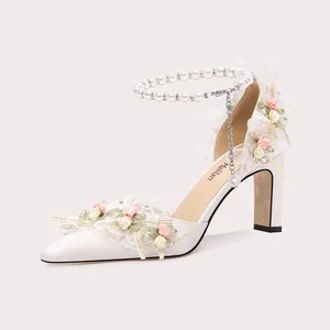 Lily Wei Luxury Floral Bride Shoe High Quality Ankle Pearls Strappy Shoes for Wedding Custom Bride Shoes