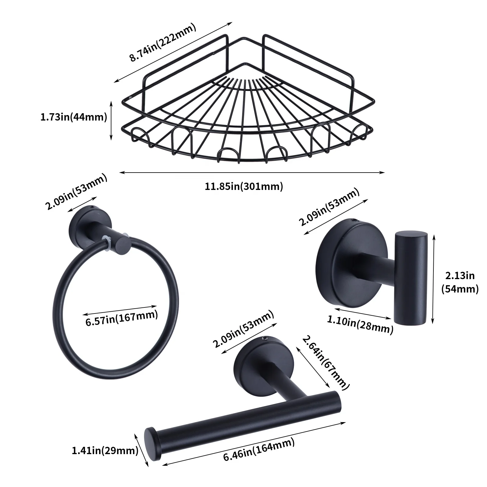 Black Matte 4 Piece Bathroom Accessory Set Wall Mounted Towel Hooks Robe Ring Soap Holders