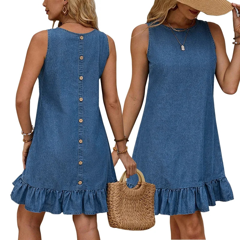 Latest Design Summer Denim Dresses Women Casual Sleeveless O-neck Button Decoration Ruffles Hem Jean Dresses For Ladies