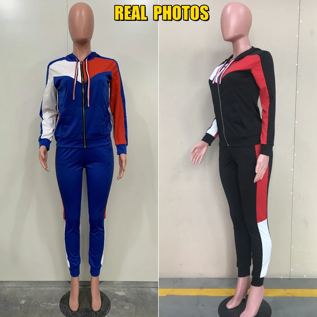 Contrasting Color Women Casual Tracksuit Long Sleeve Zipper Hoodie Coat + Pencil Pants Autumn Spring Lady Fashion Two Piece Set