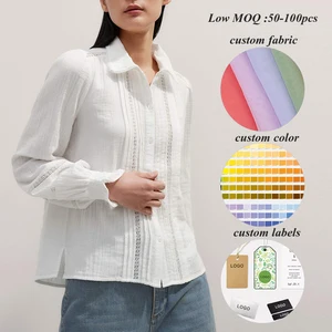 Factory Wholesale Pleated Lace Trim Ruffled Long Sleeve Blouse Custom Balloon Sleeve Women Thick Cotton White Blouse Shirt