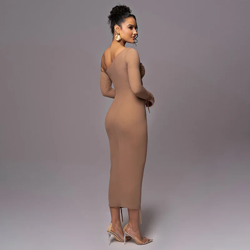 WS8225 2024 Spring and Summer Long Sleeve Double Layer Mesh Dresses Women Good Quality Inclined Shoulder Tight Fitting  Dress