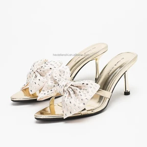 4302A-70 Best Selling Open Toe Rhinestone Bow Thin Heel Sandals Summer Fashion High Heeled Sandals Women slippers Slids Shoes