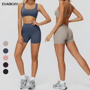 Evaricky Ladies Wholesale Solid Running Active Wear Strapless Sports Bra Top High Waist Gym Shorts Two Piece Yoga Set