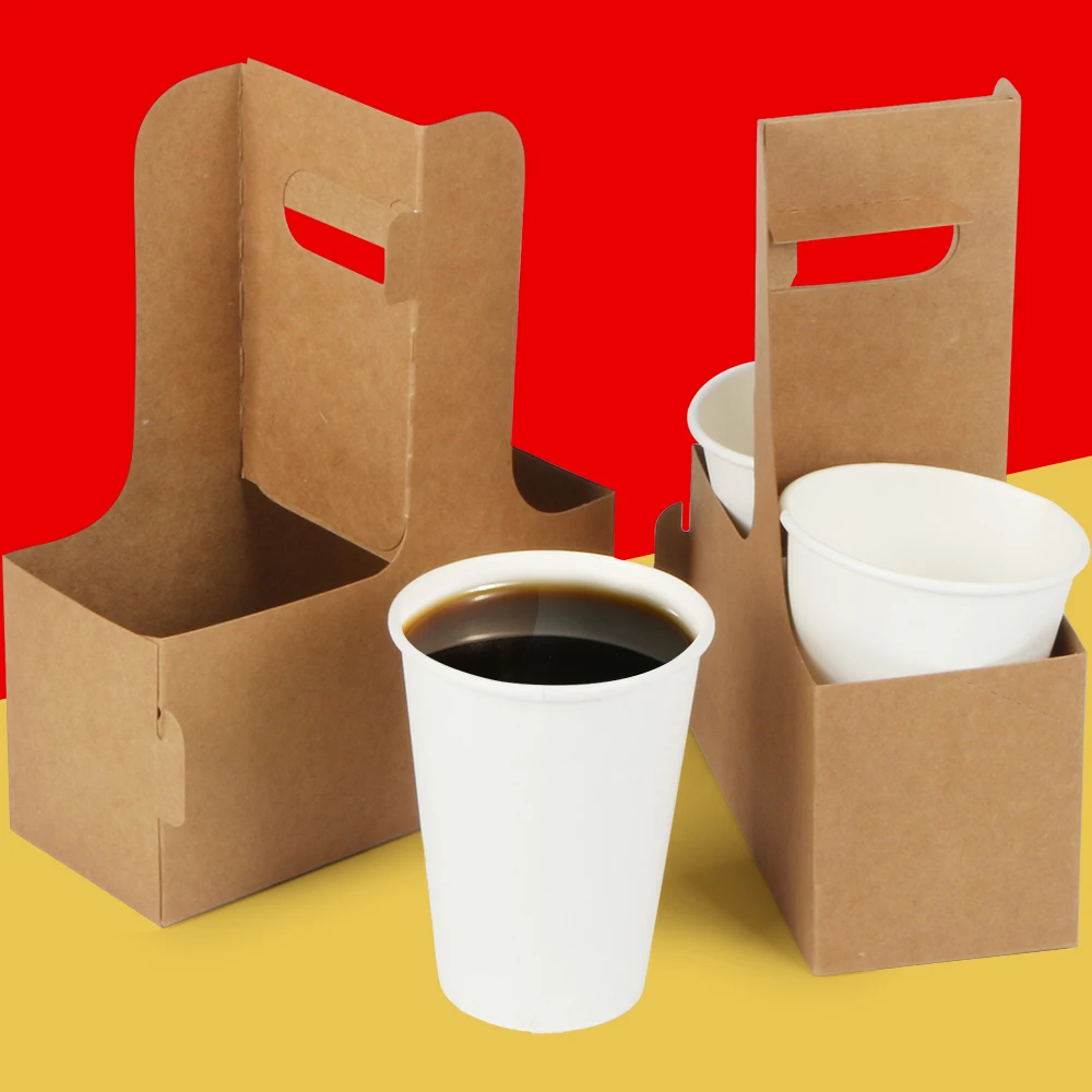 Custom Eco Friendly Disposable Cardboard Coffee Tea Cup Holder Tray Recyclable Takeaway Double Wall Utility Carrier Handle