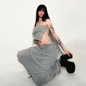 2024 Summer New Women's Sexy Chest Wrapping Bareback Strap up Small Tank Top High Waist Tassel Long Dress Set