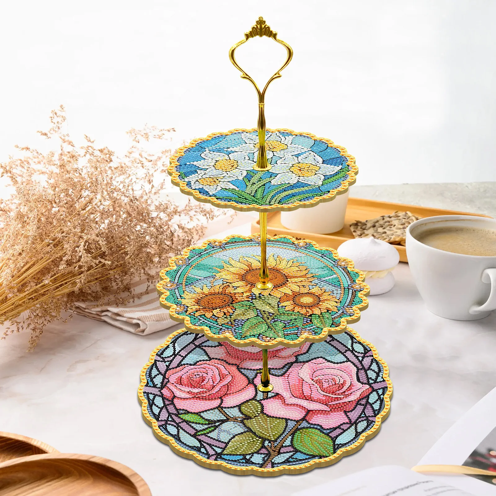 Mandala 3 Tier Diamond Painting Cupcake Stand Holder,DIY Sunflower