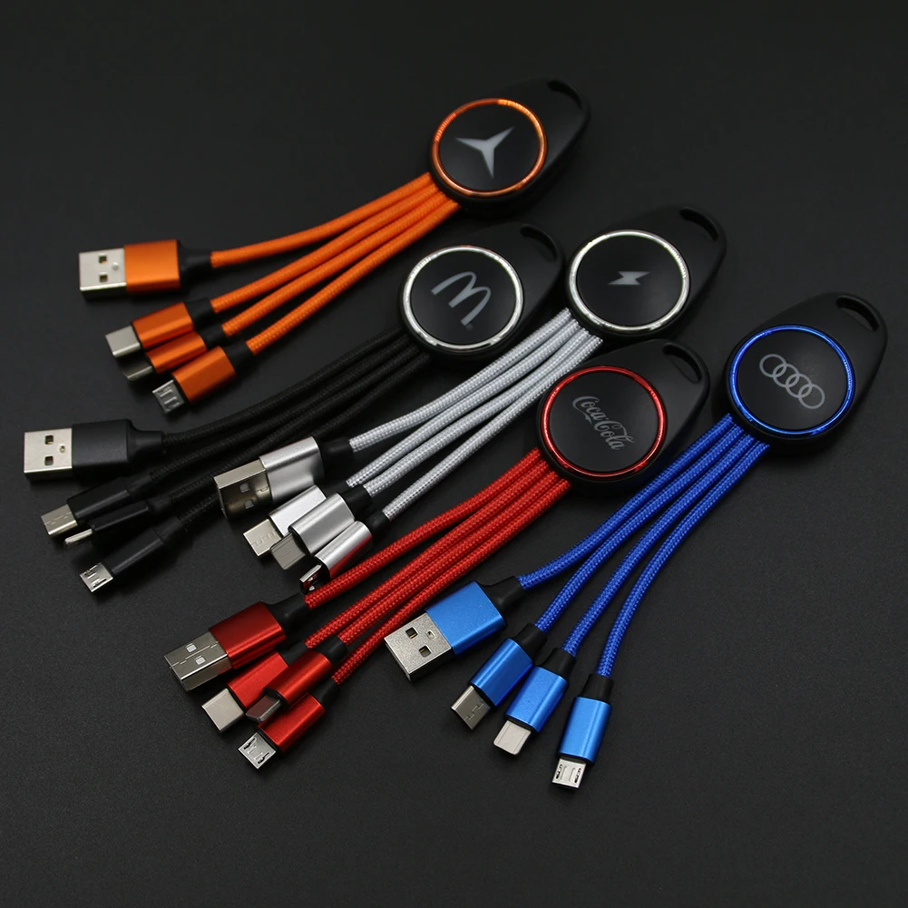 2024 Custom 3-in-1 Multicargador Mobile Phone USB Charger Cord with LED Light Logo Printed Llavero for Computer and Printer Use