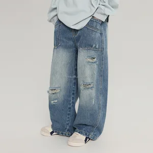 Customizable Kids Girls Ripped Denim Jeans Loose Wide Leg Fashionable Comfortable Wear Resistant