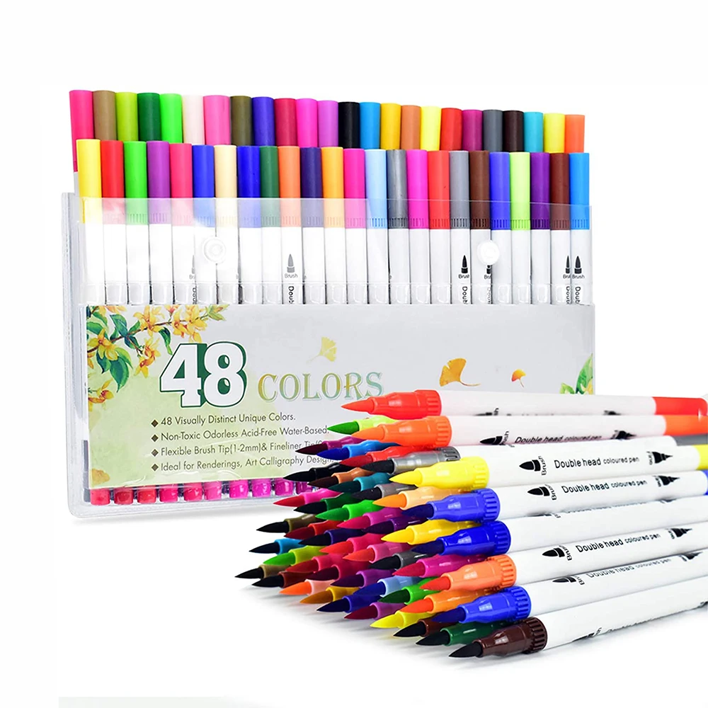 48 Colors Dual Tip Brush Pens Art Markers Set Flexible Brush & 0.4mm Fineliner