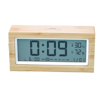 Eco-Friendly Hot Promotion Records of Hygrometer Thermometer wooden bamboo Alarm Weather Station Forecast Clock with Snooze