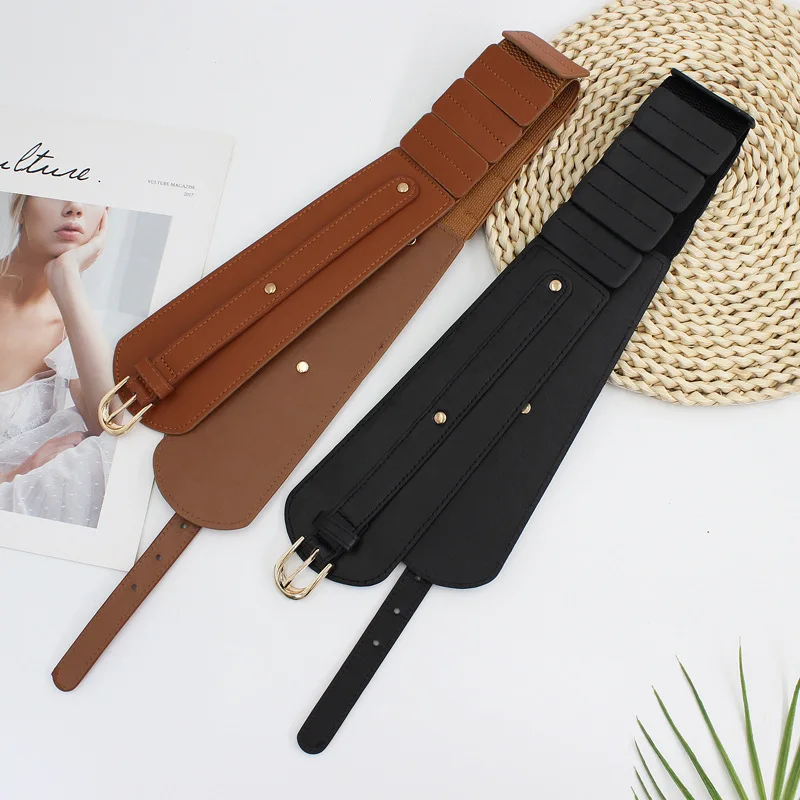 9661 Women Fashion Wide Elastic Cinch Waist Belt Retro Pu Leather Pin Women main image 4