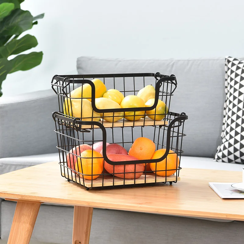 WIREKING Modern 2 Set Stackable Fruit Basket Kitchen Cabinet Countertop Organizing Metal Storage Basket With Handle