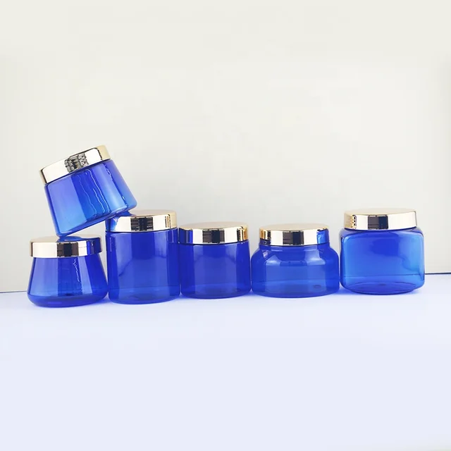 Translucent blue in stock plastic PET cream jar 200ml/250ml/150ml body scrub container with gold cap