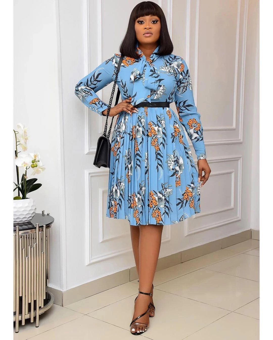 New Fashion African Female Long Sleeves Knee Length Elegant Office Ladies  Classy Women Floral Printed Pleated Dress With Bowtie - Buy Women Dresses  Summer Ladies Casual,Mini Dress Flower Casual