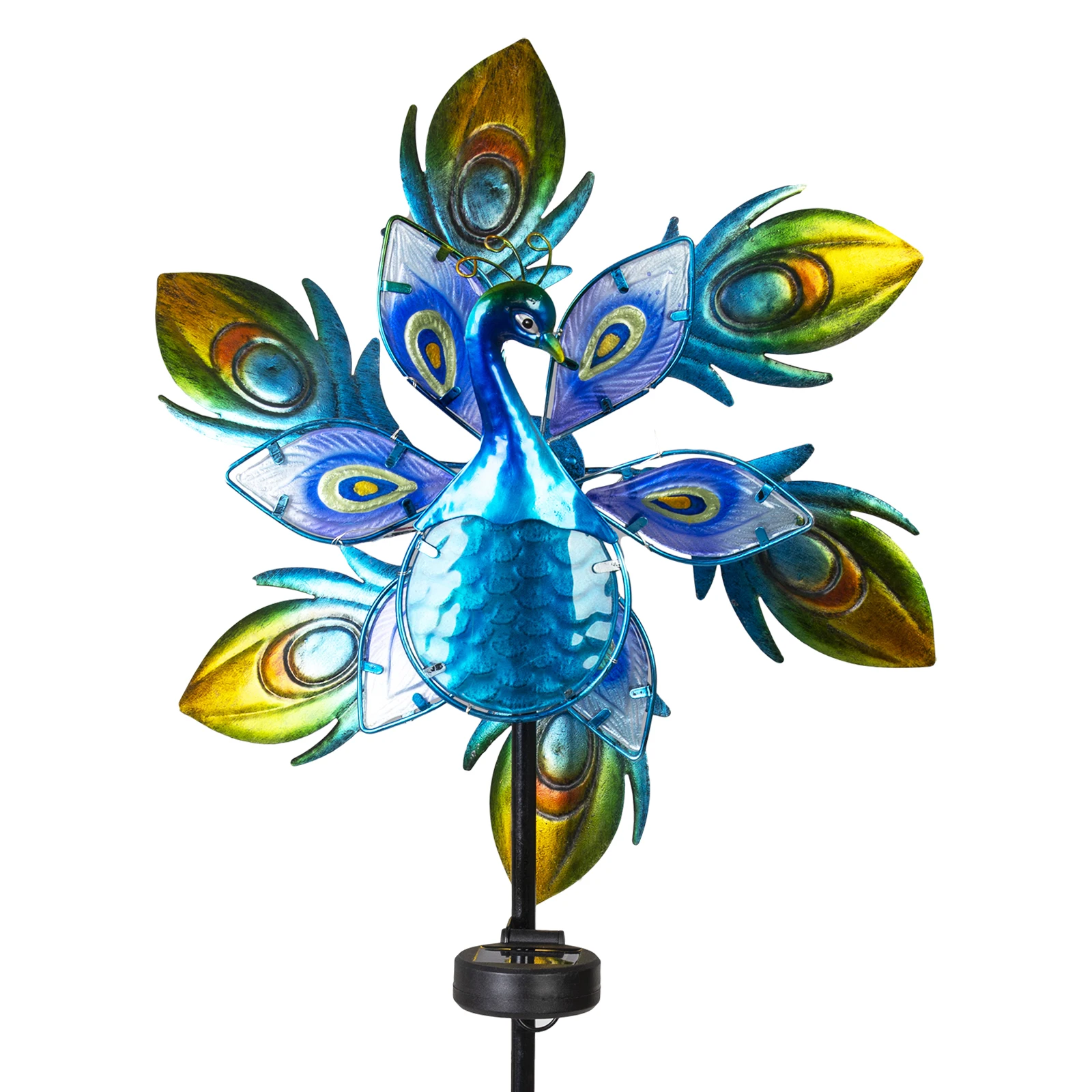 Solar Wind Spinners- Peacock Glass Wind Sculpture -LED Solar  Light for Yard  Pathway