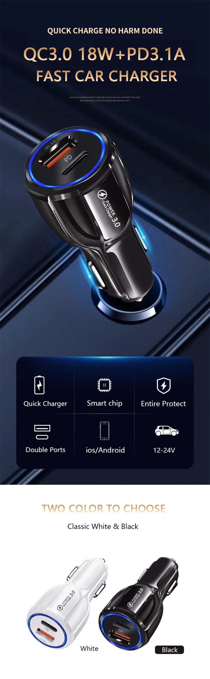 QC3.0 Portable PD Fast Dual Usb Car Charger Adapter Type c Car Phone Charger LED Quick Charge