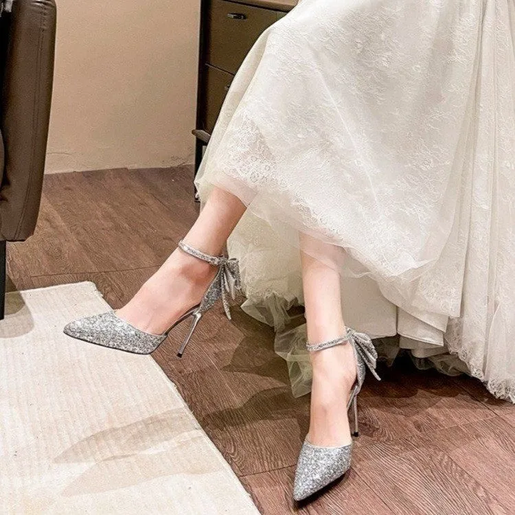 Women's Luxury Bridal High Heel Pumps Shoes Sequined Bowknot Hollow Out Closed Toe Thin aperçu 4