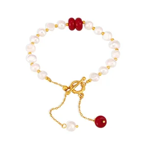 Fashion Women's Pearl Beaded Charms Bracelet 18k Gold Plated Stainless Steel Natural Freshwater Pearl OT Buckle Beaded Bracelet