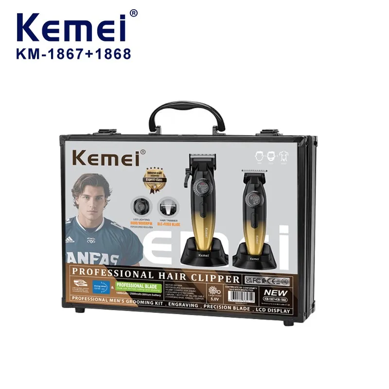 KEMEI KM1867pro KM1868 Kit professionnel de tondeuses pour barbier, station de charge sans fil, 2500 mAh, 9000 tr/min, tondeuse à cheveux avec verrouillage sécurisé par code
