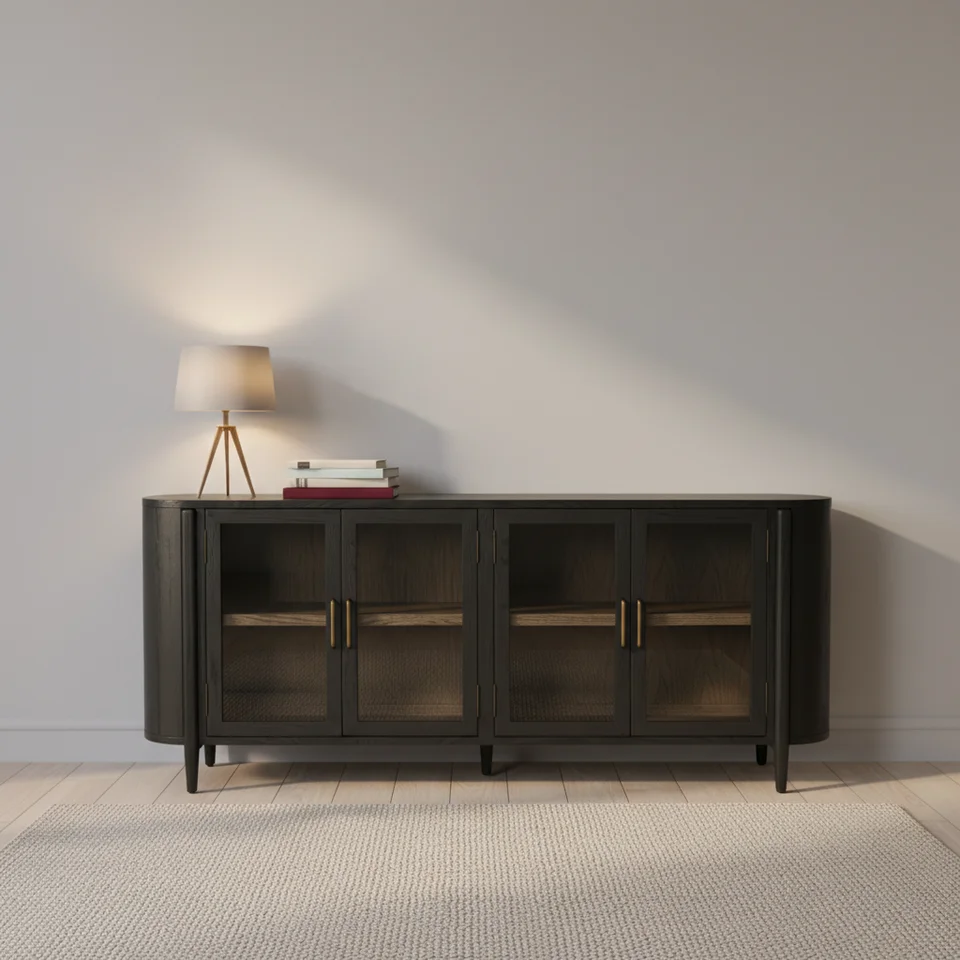 MYHOME 2025 Luxury Classic Modern Rustic Solid Oak Wood Glass 4-Door Storable Living Room Dining Furniture Sideboard Customized