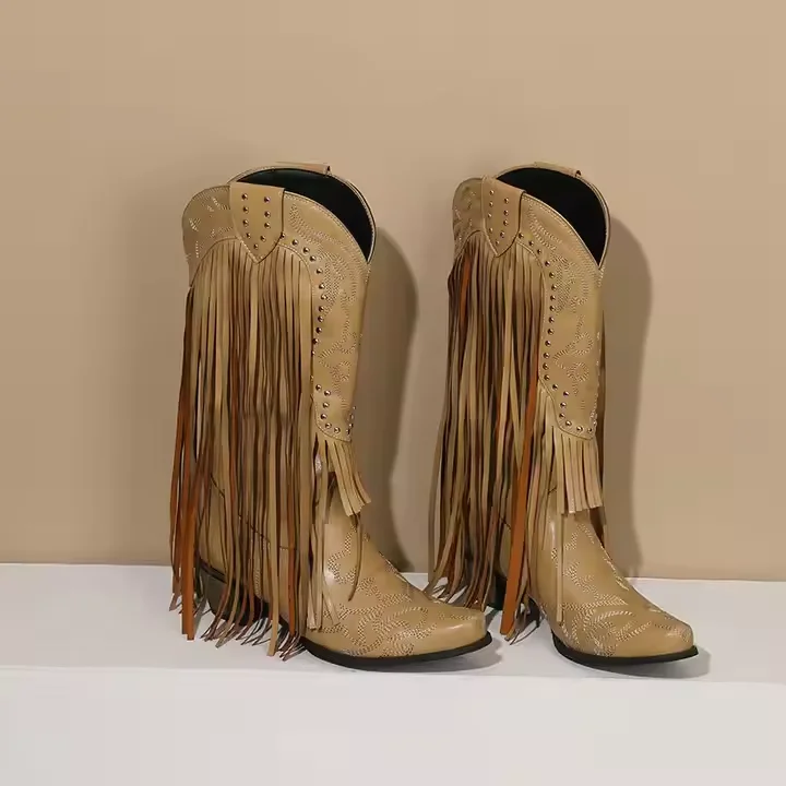 Ladies Cowboy Horse Riding Boots V Month 5cm Block Heel Women Knee High Western Boots With Fringes - Image 3