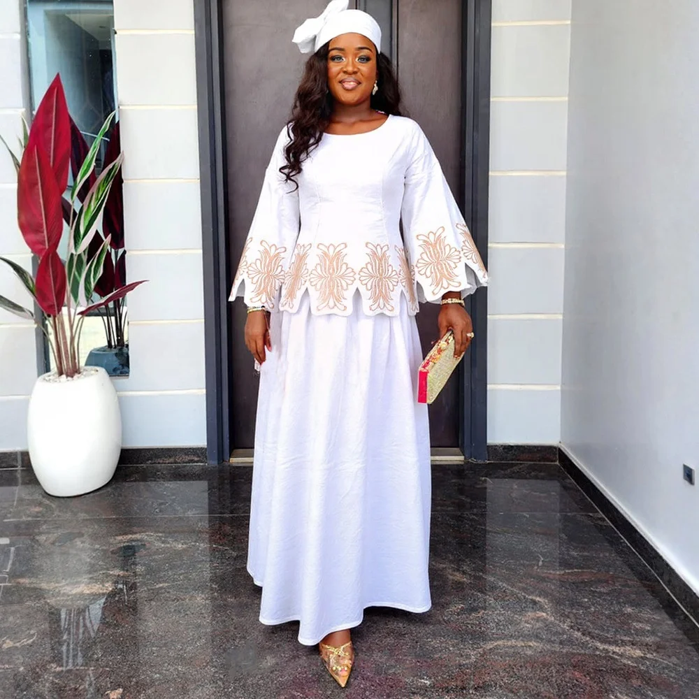 African Traditional Material Elegant White Skirt Set With Scarf 3 Pieces  Gold Embroidery Floral Maxi Skirts Sets for Women K1005