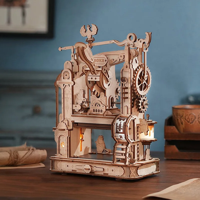 Robotime Rokr DIY Assemble Toys LK602 Printing Press Mechanical Wood Crafts 3D Wooden Puzzles for Adults
