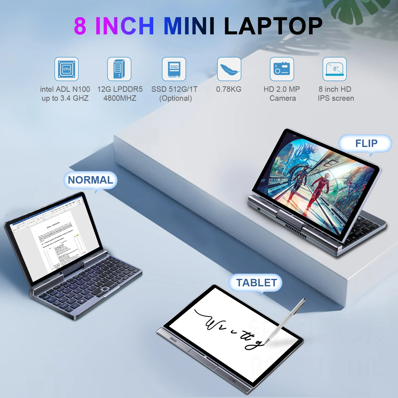 12th Gen Intel Alder Lake N100 Mini Gaming Laptop 8 Inch Touch Screen 12G  DDR5 Windows 11 Notebook Pocket Computer 2 in 1 WiFi6