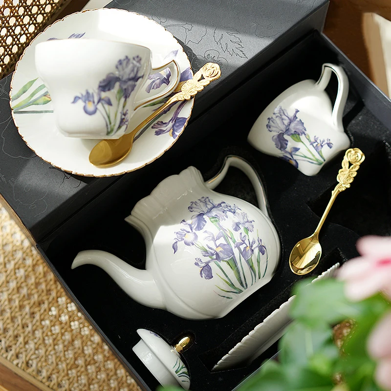 Nordic style ceramic tea set coffee set cup and saucer with iris design gold rim in gift box